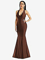 Front View Thumbnail - Cognac Plunge Neckline Cutout Low Back Stretch Satin Mermaid Dress