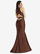 Rear View Thumbnail - Cognac Plunge Neckline Cutout Low Back Stretch Satin Mermaid Dress