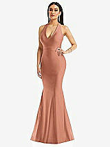 Front View Thumbnail - Copper Penny Plunge Neckline Cutout Low Back Stretch Satin Mermaid Dress