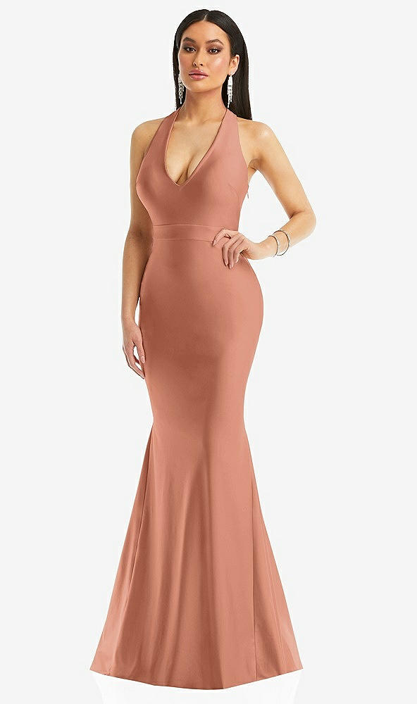 Front View - Copper Penny Plunge Neckline Cutout Low Back Stretch Satin Mermaid Dress