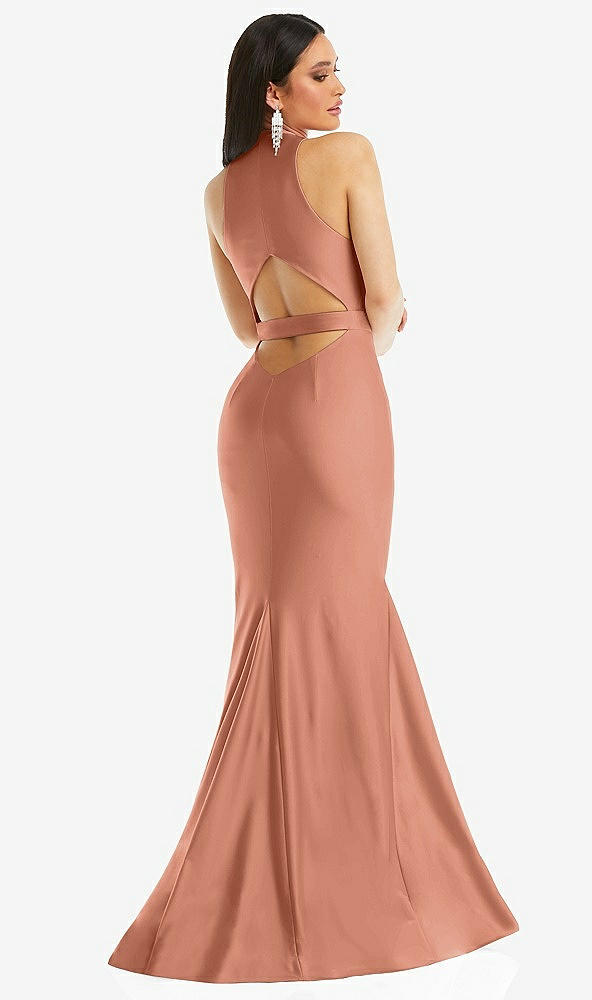 Back View - Copper Penny Plunge Neckline Cutout Low Back Stretch Satin Mermaid Dress
