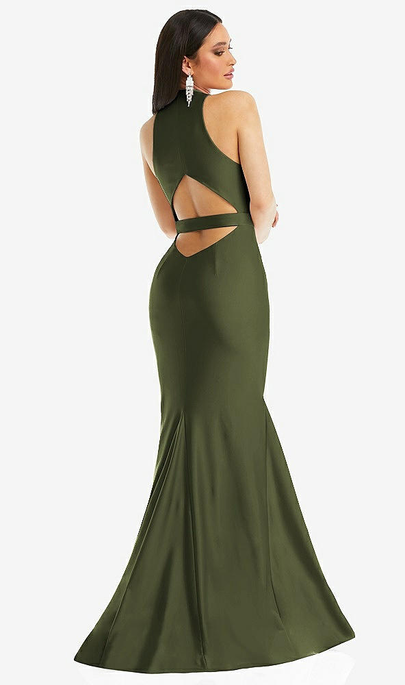 Back View - Olive Green Plunge Neckline Cutout Low Back Stretch Satin Mermaid Dress