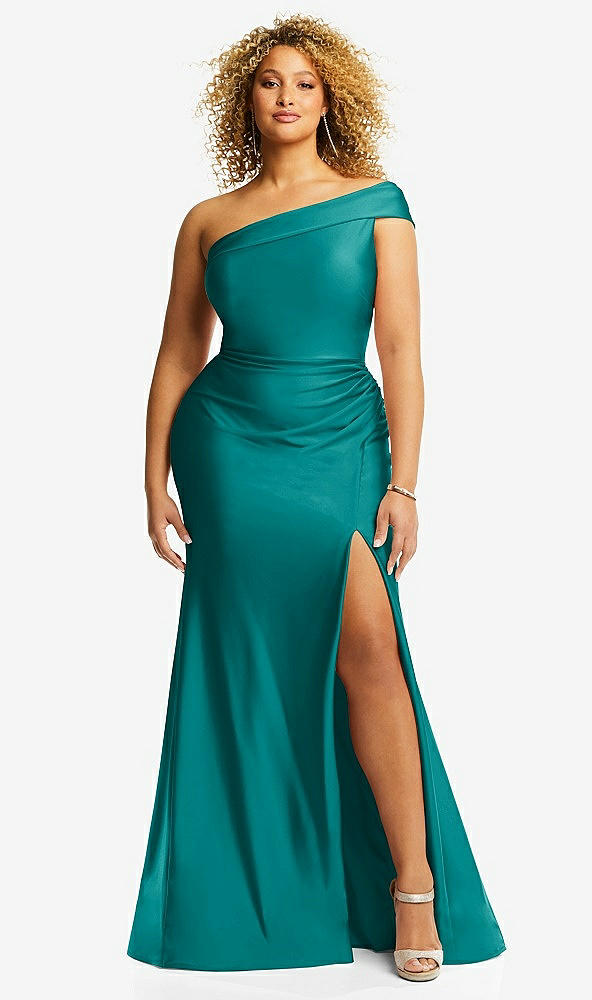 Front View - Peacock Teal One-Shoulder Bias-Cuff Stretch Satin Mermaid Dress with Slight Train