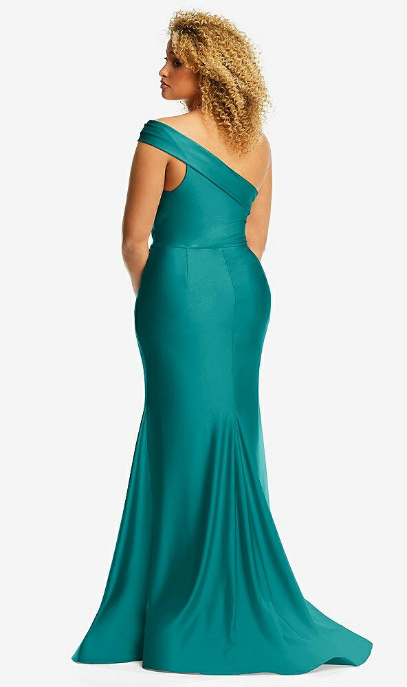 Back View - Peacock Teal One-Shoulder Bias-Cuff Stretch Satin Mermaid Dress with Slight Train
