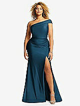 Front View Thumbnail - Atlantic Blue One-Shoulder Bias-Cuff Stretch Satin Mermaid Dress with Slight Train