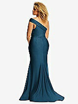 Rear View Thumbnail - Atlantic Blue One-Shoulder Bias-Cuff Stretch Satin Mermaid Dress with Slight Train