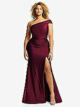 Front View Thumbnail - Cabernet One-Shoulder Bias-Cuff Stretch Satin Mermaid Dress with Slight Train