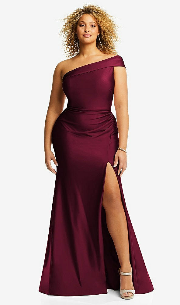 Front View - Cabernet One-Shoulder Bias-Cuff Stretch Satin Mermaid Dress with Slight Train