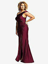 Side View Thumbnail - Cabernet One-Shoulder Bias-Cuff Stretch Satin Mermaid Dress with Slight Train