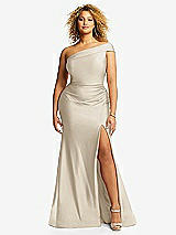 Front View Thumbnail - Champagne One-Shoulder Bias-Cuff Stretch Satin Mermaid Dress with Slight Train