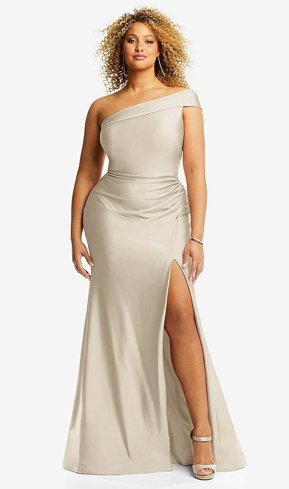 Front View - Champagne One-Shoulder Bias-Cuff Stretch Satin Mermaid Dress with Slight Train