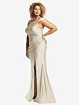 Side View Thumbnail - Champagne One-Shoulder Bias-Cuff Stretch Satin Mermaid Dress with Slight Train