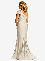Rear View Thumbnail - Champagne One-Shoulder Bias-Cuff Stretch Satin Mermaid Dress with Slight Train
