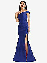 Alt View 1 Thumbnail - Cobalt Blue One-Shoulder Bias-Cuff Stretch Satin Mermaid Dress with Slight Train