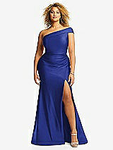 Front View Thumbnail - Cobalt Blue One-Shoulder Bias-Cuff Stretch Satin Mermaid Dress with Slight Train
