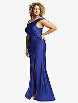 Side View Thumbnail - Cobalt Blue One-Shoulder Bias-Cuff Stretch Satin Mermaid Dress with Slight Train