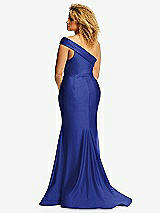 Rear View Thumbnail - Cobalt Blue One-Shoulder Bias-Cuff Stretch Satin Mermaid Dress with Slight Train