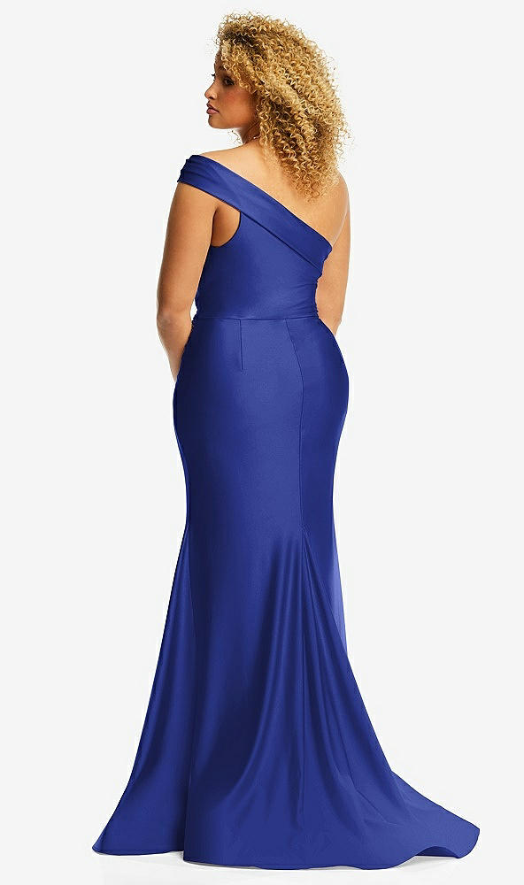 Back View - Cobalt Blue One-Shoulder Bias-Cuff Stretch Satin Mermaid Dress with Slight Train