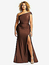 Front View Thumbnail - Cognac One-Shoulder Bias-Cuff Stretch Satin Mermaid Dress with Slight Train