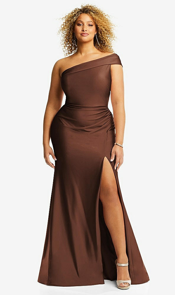 Front View - Cognac One-Shoulder Bias-Cuff Stretch Satin Mermaid Dress with Slight Train