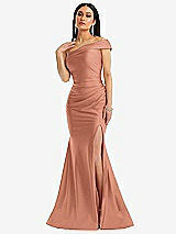 Alt View 1 Thumbnail - Copper Penny One-Shoulder Bias-Cuff Stretch Satin Mermaid Dress with Slight Train