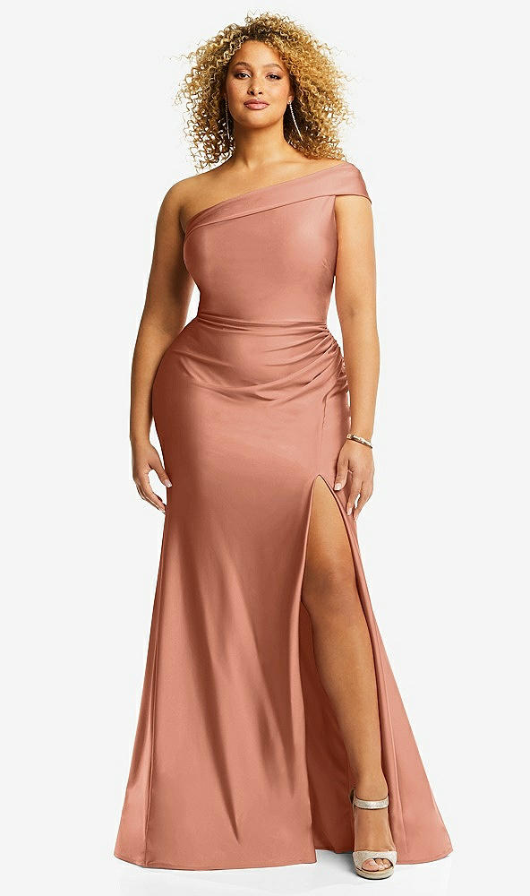 Front View - Copper Penny One-Shoulder Bias-Cuff Stretch Satin Mermaid Dress with Slight Train