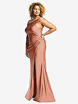 Side View Thumbnail - Copper Penny One-Shoulder Bias-Cuff Stretch Satin Mermaid Dress with Slight Train