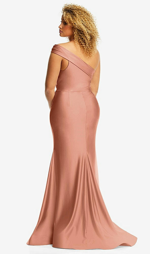 Back View - Copper Penny One-Shoulder Bias-Cuff Stretch Satin Mermaid Dress with Slight Train
