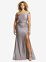 Front View Thumbnail - Cashmere Gray One-Shoulder Bias-Cuff Stretch Satin Mermaid Dress with Slight Train
