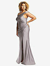 Side View Thumbnail - Cashmere Gray One-Shoulder Bias-Cuff Stretch Satin Mermaid Dress with Slight Train