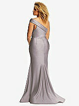Rear View Thumbnail - Cashmere Gray One-Shoulder Bias-Cuff Stretch Satin Mermaid Dress with Slight Train