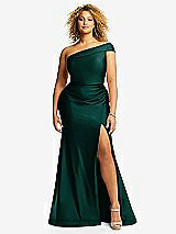 Front View Thumbnail - Evergreen One-Shoulder Bias-Cuff Stretch Satin Mermaid Dress with Slight Train