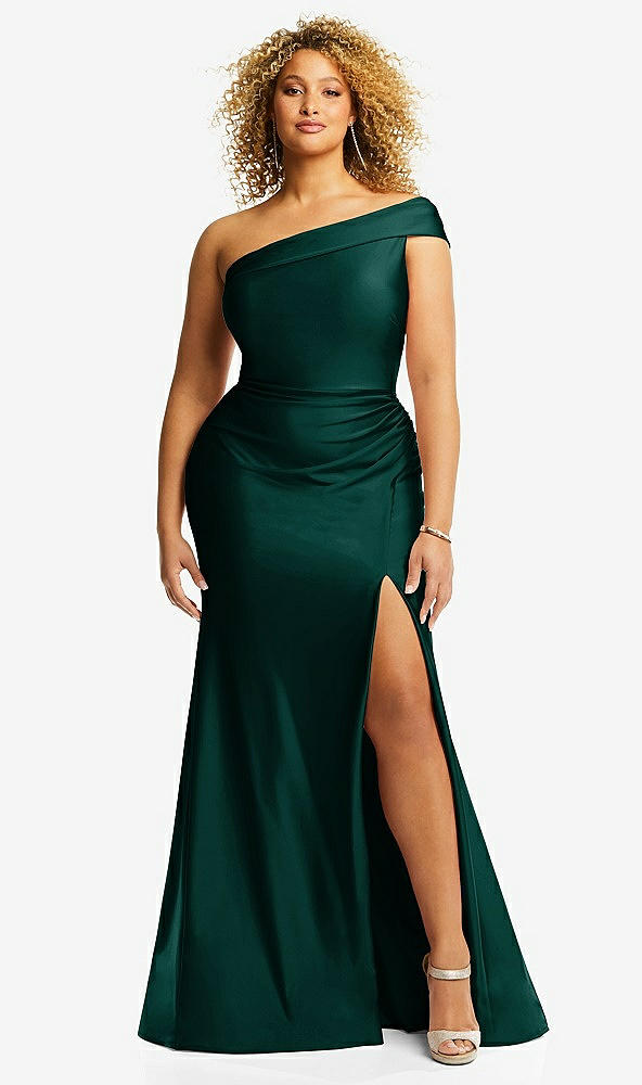 Front View - Evergreen One-Shoulder Bias-Cuff Stretch Satin Mermaid Dress with Slight Train