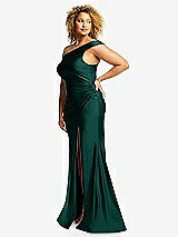 Side View Thumbnail - Evergreen One-Shoulder Bias-Cuff Stretch Satin Mermaid Dress with Slight Train