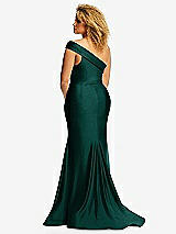 Rear View Thumbnail - Evergreen One-Shoulder Bias-Cuff Stretch Satin Mermaid Dress with Slight Train