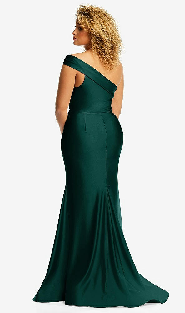 Back View - Evergreen One-Shoulder Bias-Cuff Stretch Satin Mermaid Dress with Slight Train