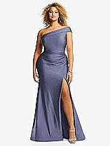 Front View Thumbnail - French Blue One-Shoulder Bias-Cuff Stretch Satin Mermaid Dress with Slight Train