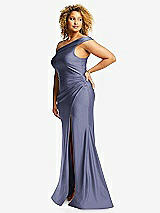 Side View Thumbnail - French Blue One-Shoulder Bias-Cuff Stretch Satin Mermaid Dress with Slight Train