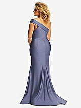 Rear View Thumbnail - French Blue One-Shoulder Bias-Cuff Stretch Satin Mermaid Dress with Slight Train