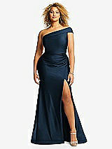 Front View Thumbnail - Midnight Navy One-Shoulder Bias-Cuff Stretch Satin Mermaid Dress with Slight Train
