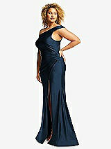 Side View Thumbnail - Midnight Navy One-Shoulder Bias-Cuff Stretch Satin Mermaid Dress with Slight Train