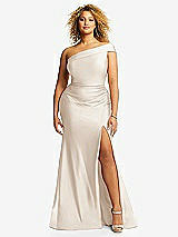 Front View Thumbnail - Oat One-Shoulder Bias-Cuff Stretch Satin Mermaid Dress with Slight Train