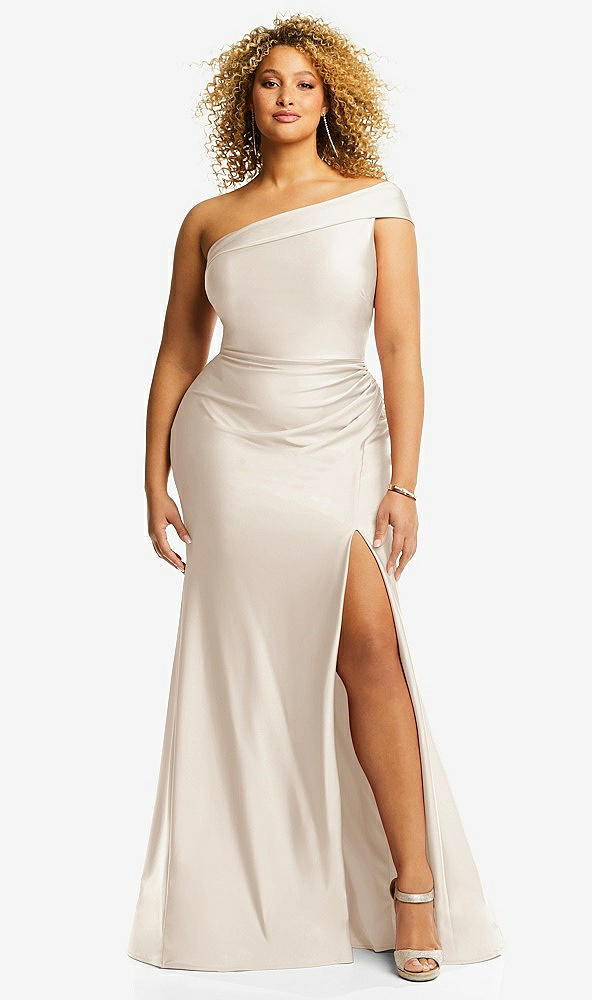 Front View - Oat One-Shoulder Bias-Cuff Stretch Satin Mermaid Dress with Slight Train