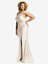 Side View Thumbnail - Oat One-Shoulder Bias-Cuff Stretch Satin Mermaid Dress with Slight Train