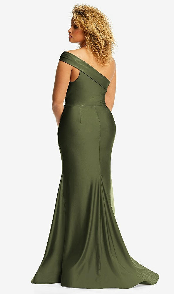 Back View - Olive Green One-Shoulder Bias-Cuff Stretch Satin Mermaid Dress with Slight Train