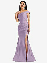 Alt View 1 Thumbnail - Pale Purple One-Shoulder Bias-Cuff Stretch Satin Mermaid Dress with Slight Train