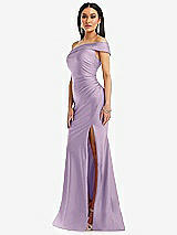 Alt View 2 Thumbnail - Pale Purple One-Shoulder Bias-Cuff Stretch Satin Mermaid Dress with Slight Train