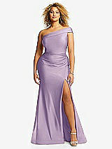 Front View Thumbnail - Pale Purple One-Shoulder Bias-Cuff Stretch Satin Mermaid Dress with Slight Train