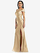 Alt View 2 Thumbnail - Soft Gold One-Shoulder Bias-Cuff Stretch Satin Mermaid Dress with Slight Train