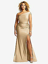 Front View Thumbnail - Soft Gold One-Shoulder Bias-Cuff Stretch Satin Mermaid Dress with Slight Train